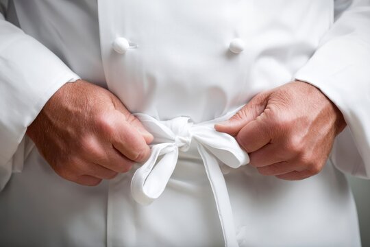 Hands Tying Apron String on White Chef's Coat in a Professional Kitchen Setting Preparing for Culinary Tasks