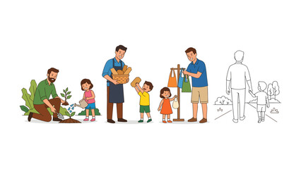 Fototapeta premium Dad's Day Out: A series of heartwarming illustrations captures father with his child participating in various activities, fostering the bonds of family life.