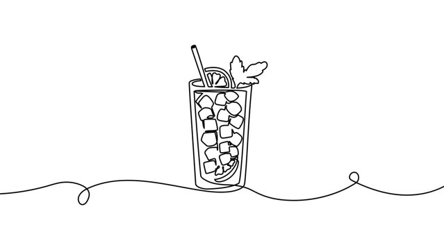 Continuous one line cocktail drawing vector illustration design art isolated. Cocktail glass ice party doodle graphic white bar silhouette alcohol background beverage wine restaurant water juice menu.