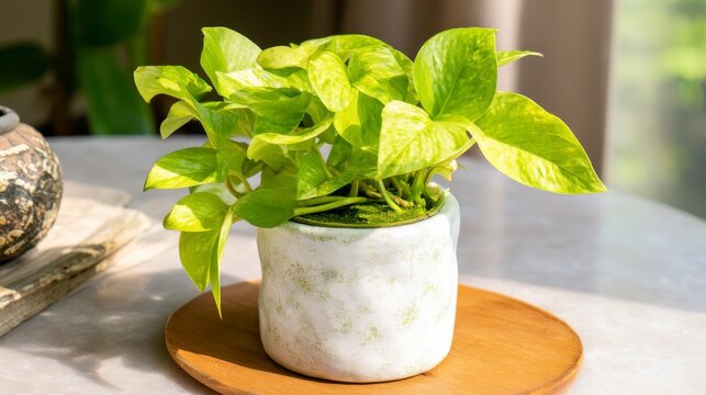 Lush Green Pothos Plant in a White Pot on a Wooden Tray Captured in Bright Sunlight Indoors