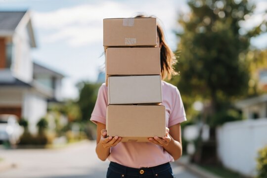 Person hidden behind tall stack of packages on sidewalk