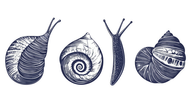 A collection of four snail illustrations with varying shell and body shapes