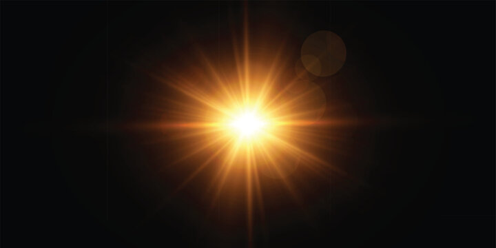 Bright golden light flare with radiant starburst rays and glowing lens effect abstract vector illustration