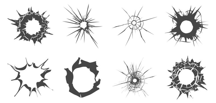 Bullet hole impact on broken shattered glass texture on transparent background
