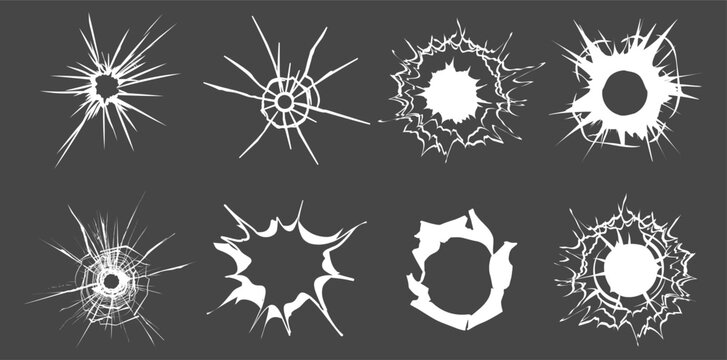 Bullet hole impact on broken shattered glass texture on transparent background