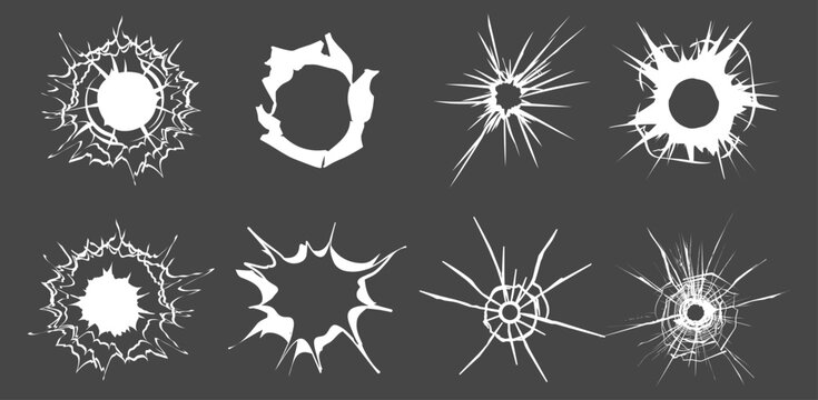 Bullet hole impact on broken shattered glass texture on transparent background