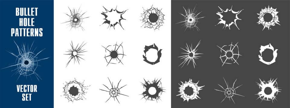 Bullet hole impact on broken shattered glass texture on transparent background