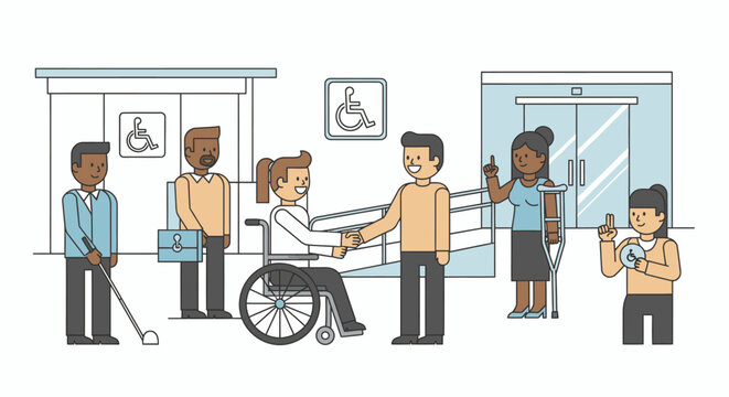 People assisting a disabled woman in a wheelchair at a station with a ramp and an elevator