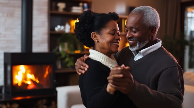 Everlasting Dance of Affection: A cherished older couple shares a tender moment as they waltz gracefully in front of a warm fireplace. A visual testament to enduring love and companionship.