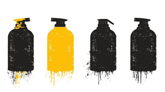 Four stylized bottles, textured, dripped ink. Two black bottles, two yellow and black bottles