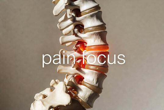 A human spine model is highlighted, suggesting a focus on lower back pain.