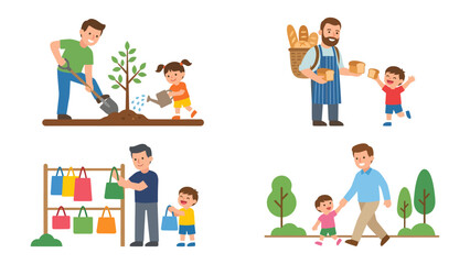 Fototapeta premium Father-Child Moments: Capturing the essence of paternal love and everyday life, this heartwarming illustration showcases a series of activities between fathers and their children.