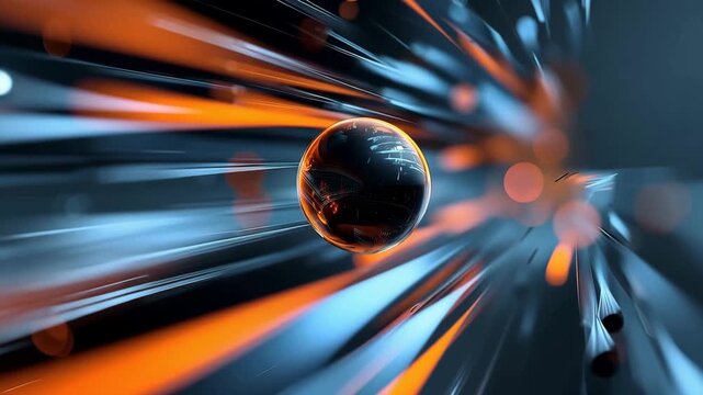 Abstract dark sphere core with blue and orange high-speed motion blur light beams background. Suitable for big data transfer, sci-fi space warp, cosmic exploration, and futuristic high-tech visual con