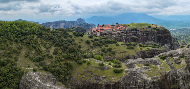 Aerial Panorama of Great Meteoron Monastery and the Pindus Mountains in Greece. 