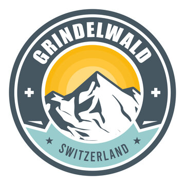 Grindelwald, Switzerland ALps, emblem or label with snow-covered mountains, vector