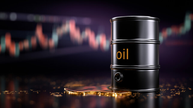 Oil Barrel and Gold Coin: A symbolic shot of an oil barrel resting besides a golden coin, accompanied by a financial chart as a background, implying the value of oil.