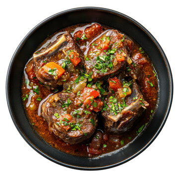Top view of a delicious looking osso buco on a dark ceramic plate isolated [Transparent Background PNG].