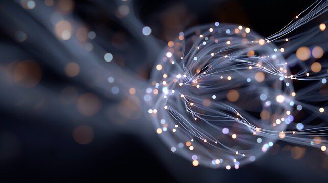 Abstract Fiber Optic Ball: A glowing orb with intricate strands of light and bokeh effect, representing data flow, connectivity, and the abstract beauty of technology.
