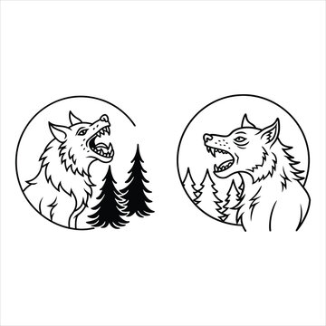 Two wolf head emblems with pine trees in circular frames silhouette