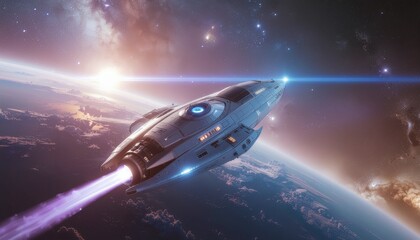 Fototapeta premium 地球軌道を飛ぶ未来の宇宙船