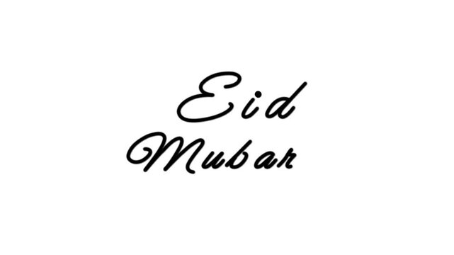 Elegant handwritten Eid Mubarak text animation with smooth reveal and subtle motion, Suitable for Eid al-Fitr and Eid al-Adha celebrations, designed to convey warm wishes across the Muslim community. 
