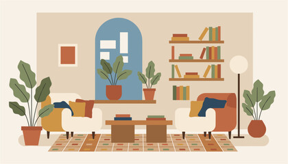 Cozy modern living room interior with bookshelves, plants, and furniture © NOYAN STOCK