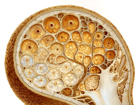 Human brain hypothalamic coronal cross section anatomy illustration showing arcuate nucleus appetite control architecture and central nervous system structure in warm amber gold tones on white backgro
