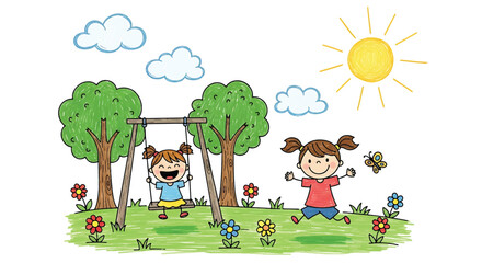 Obraz premium Flat style vector illustration of children playing in a sunny park in kids drawing style, featuring crayon textures, bright colors, and playful shapes perfect for education and creative themes