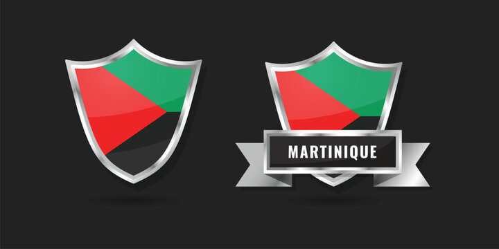 Professional 3D metallic shield and ribbon featuring the flag of Martinique. High-quality silver emblem designed for Caribbean branding, local icons, and patriotic identity graphics.