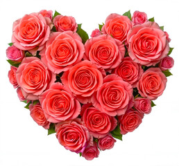Fototapeta premium Heart-shaped arrangement of pink roses on white background 