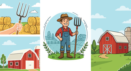 Cartoon farmer with pitchfork and barns in colorful rural countryside landscape representing agriculture and farm life © MdMenhajul
