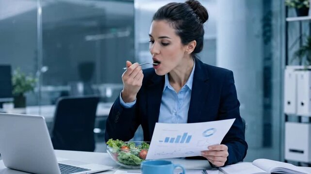 Professional woman eating healthy lunch at desk, reviewing business charts and graphs, focused and determined