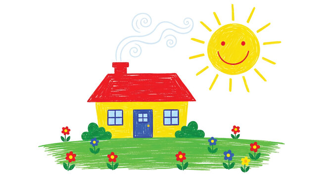Flat style vector illustration of a family house in kids drawing style with bright sun, flowers, and simple lines, creating a warm, playful, and imaginative childhood atmosphere