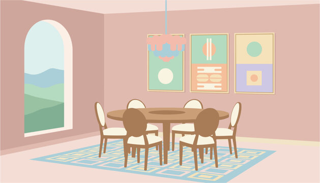 Cozy dining setup with wooden table and chairs in bright pink room