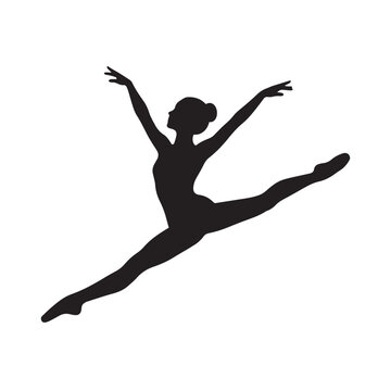 Silhouette of Graceful Ballerina Performing Grand Jete Jump Isolated on White Background