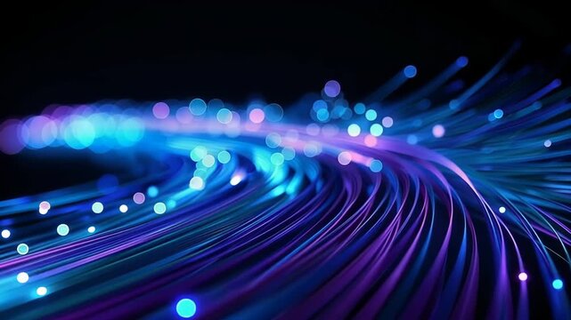 Abstract glowing blue and purple fiber optic data stream background. Dynamic visual elements for high-speed network data transmission, broadband communication, telecommunication, and futuristic high-t