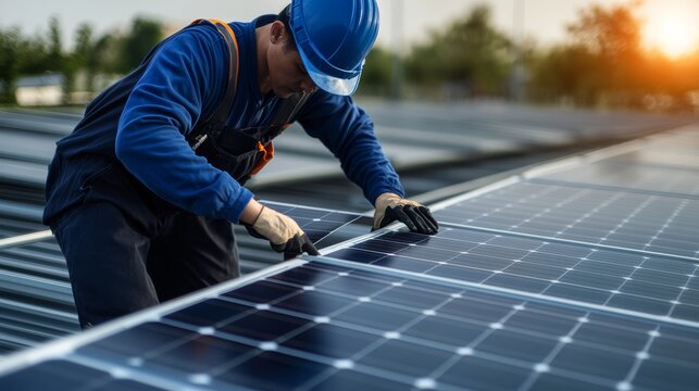 Solar panel installation process rooftop action photography urban environment close-up view renewable energy concept