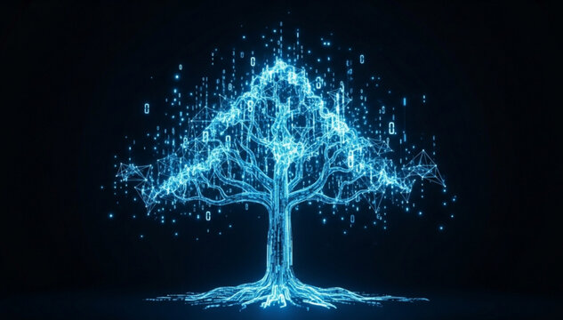 A glowing blue tree with digital connections and binary code on a dark background