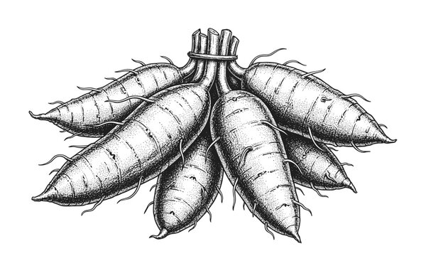 Cassava root drawing in hand sketched vintage style isolated on transparent vector.