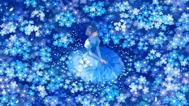 Young Woman in Elegant Blue Dress Surrounded by Vibrant Blue Flowers in Serene Nature Scene