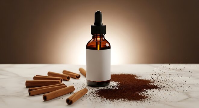Amber glass dropper bottle with blank label and cinnamon sticks on a table for organic essential oil product
