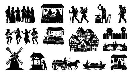 Fototapeta premium Medieval Village Life Black and White Silhouette Icons