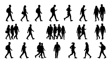 Fototapeta premium Black and White Silhouette People Walking, Running, and Using Phones