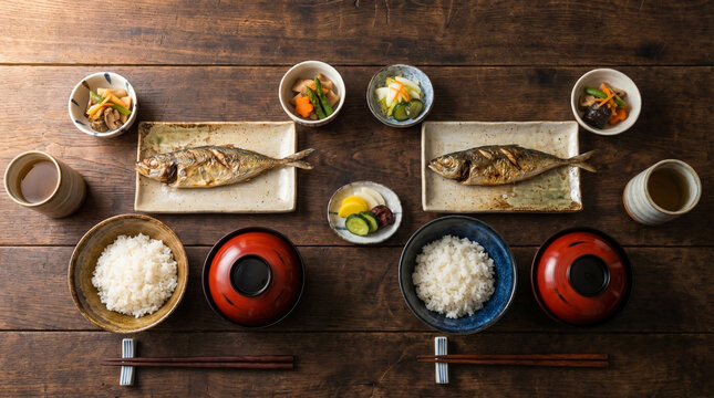 Traditional Japanese dinner table setting for two with grilled fish and rice overhead view