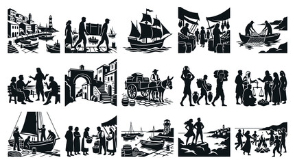 Obraz premium Black and White Silhouette Illustrations of Historical Mediterranean Village Life