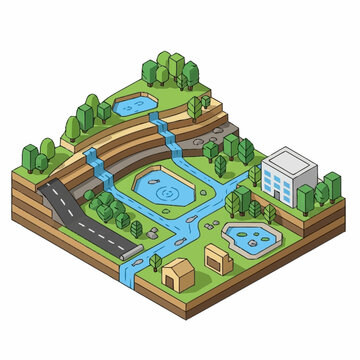 Isometric illustration of a watershed ecosystem with water cycle elements.
