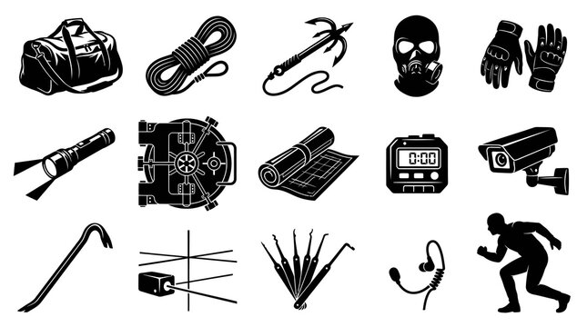 Black  White Vector Icons: Crime, Heist, Security, and Spy Gear