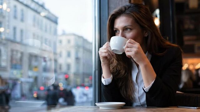 Woman enjoys coffee break, gazing out window at city street scene, urban lifestyle