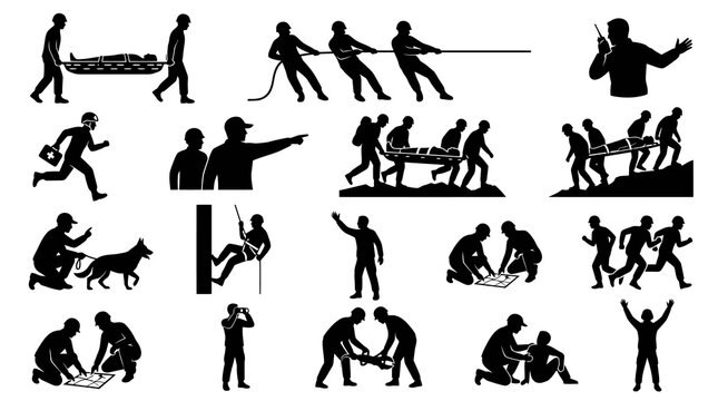Black and White Silhouettes: Rescue and Emergency Personnel, Medical Aid, Training