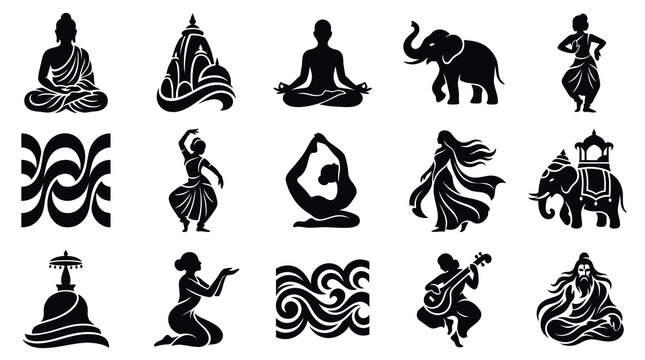 India Culture Icons: Buddha, Elephant, Dancer, Yoga, Zen, Spirituality, Art